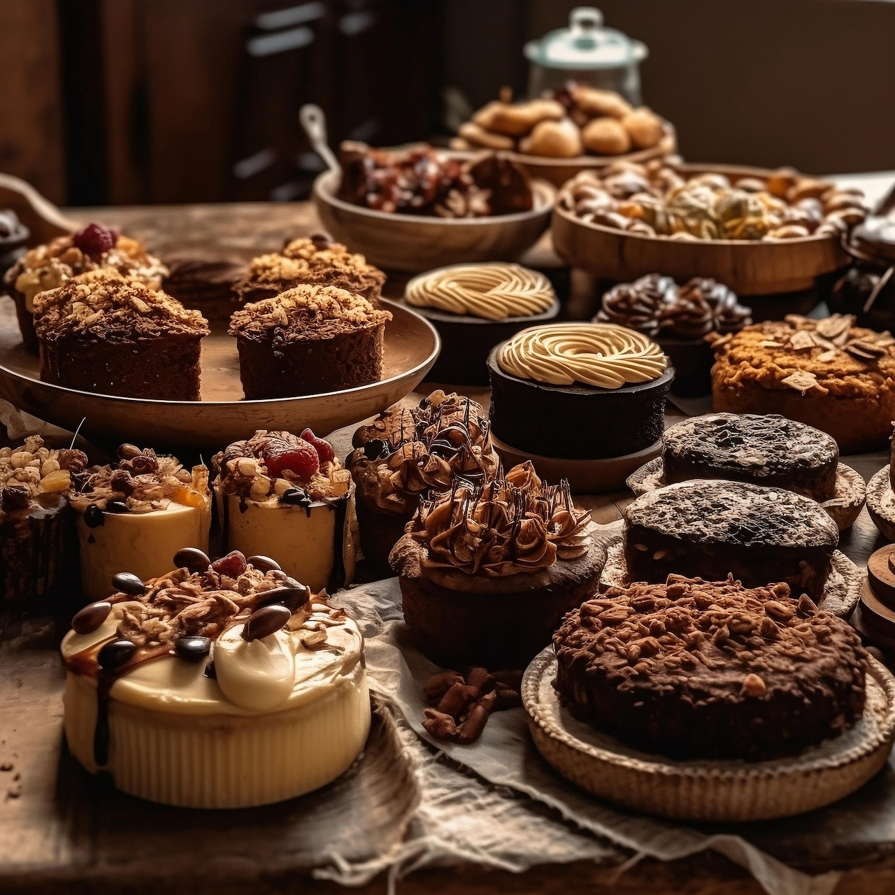 Assorted chocolate cakes, cupcakes, and pastries on a rustic table