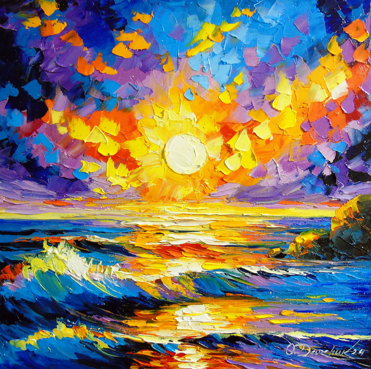 Impressionist painting of colorful sunset over turbulent ocean waves with dramatic sky in orange, yellow and blue tones