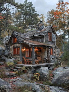Rustic stone and wood cottage with glowing windows surrounded by autumn trees and rocky terrain