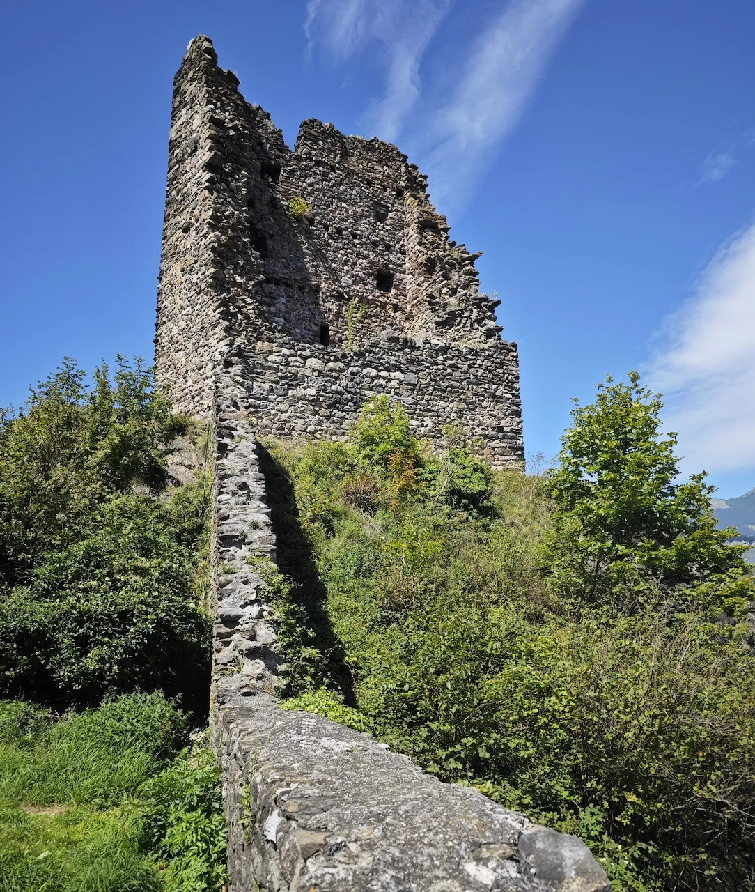 Tall stone ruins of Freudenberg Castle with trees and blue sky