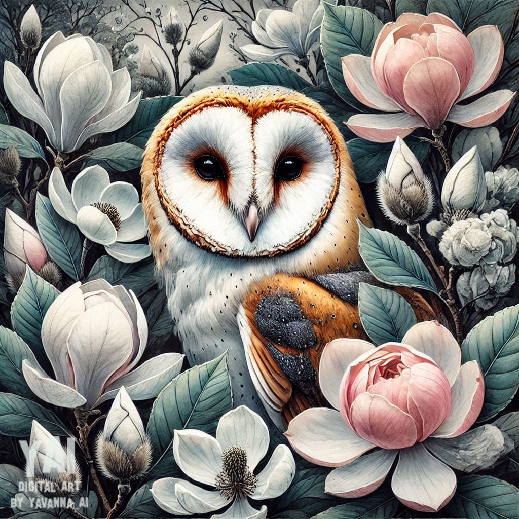 Illustrated barn owl nestled among pink and white flowers and blue-green leaves