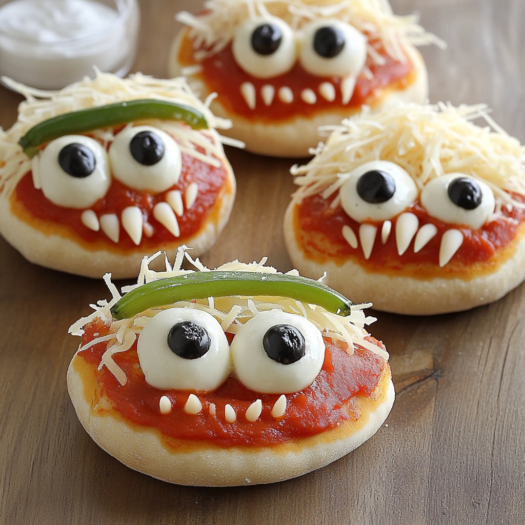 Four mini sandwich monsters with cheese hair, mozzarella eyes, and red pepper teeth arranged on wood