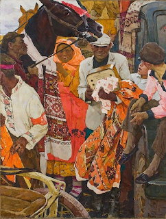 Painting of jockeys in bright orange and patterned clothing celebrating with dark horse after race victory