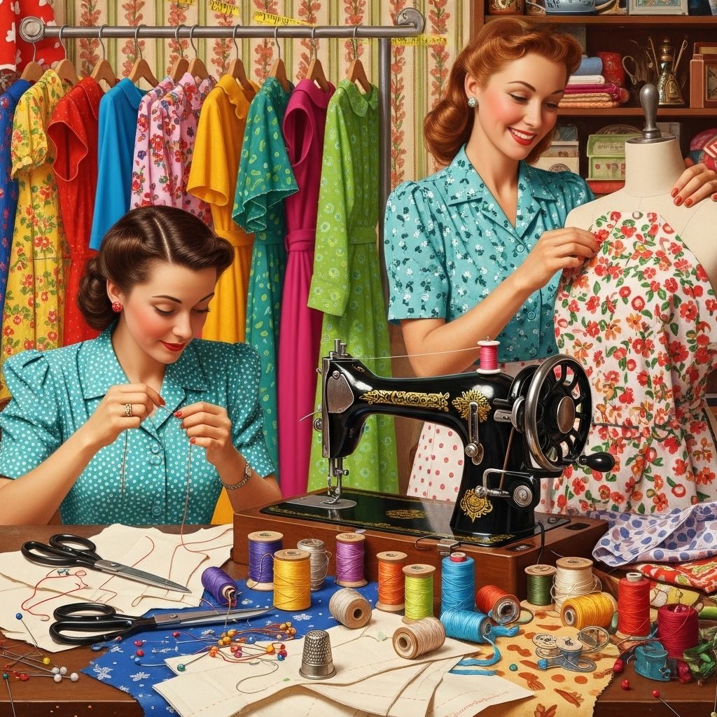 Two women sewing with colorful fabrics and vintage sewing machine in a craft room