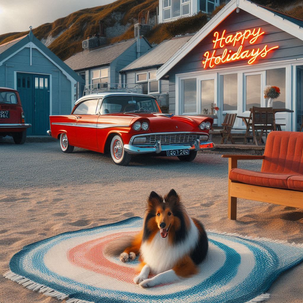 Shetland sheepdog on colorful rug with vintage red car and beach cottage behind, glowing Happy Holidays neon sign