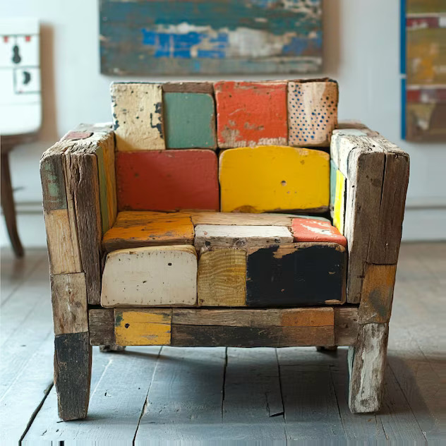 Rustic armchair made from reclaimed wood with multicolored patchwork seat and back cushions