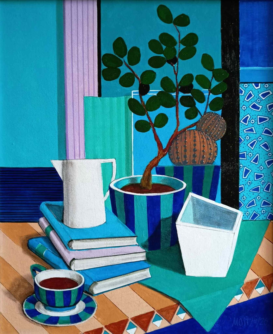 Colorful still life painting with books, a white pitcher, a striped cup, and a potted plant