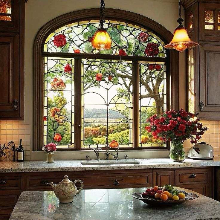 Kitchen interior with stained glass window, wood cabinets, sink, flowers, and pendant lights