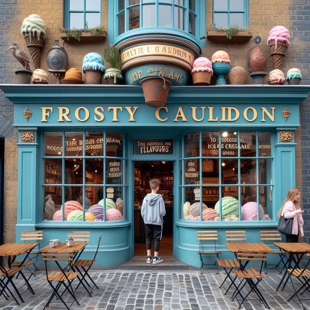 Turquoise ice cream shop storefront with colorful ice cream cone decorations and outdoor cafe tables