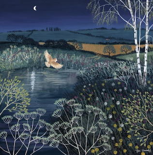 Painting of an owl flying over a moonlit pond beside birch trees at night