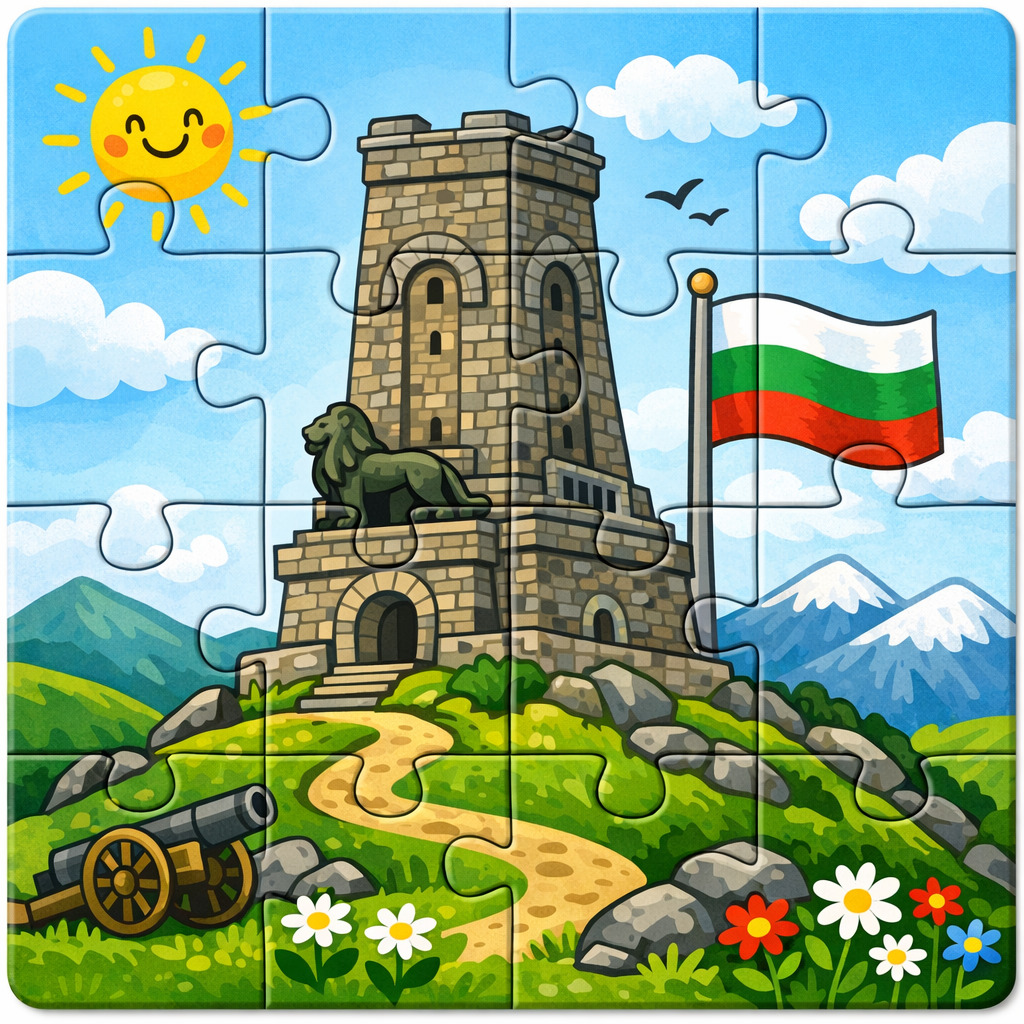 Stone tower monument with Bulgarian flag on hilltop under sunny sky with mountains and flowers