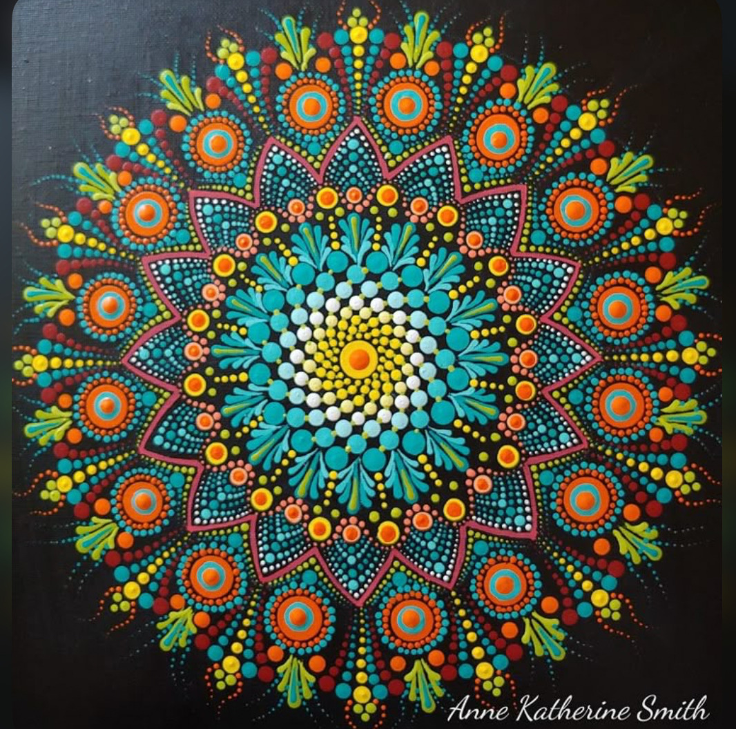 Colorful mandala with concentric circles of turquoise, orange, yellow and green dots in symmetrical pattern