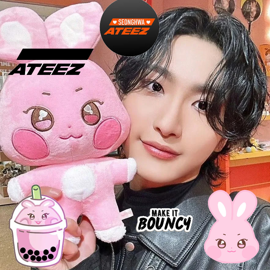 Portrait collage of Seonghwa holding a pink bunny plush with cute bunny and bubble tea graphics