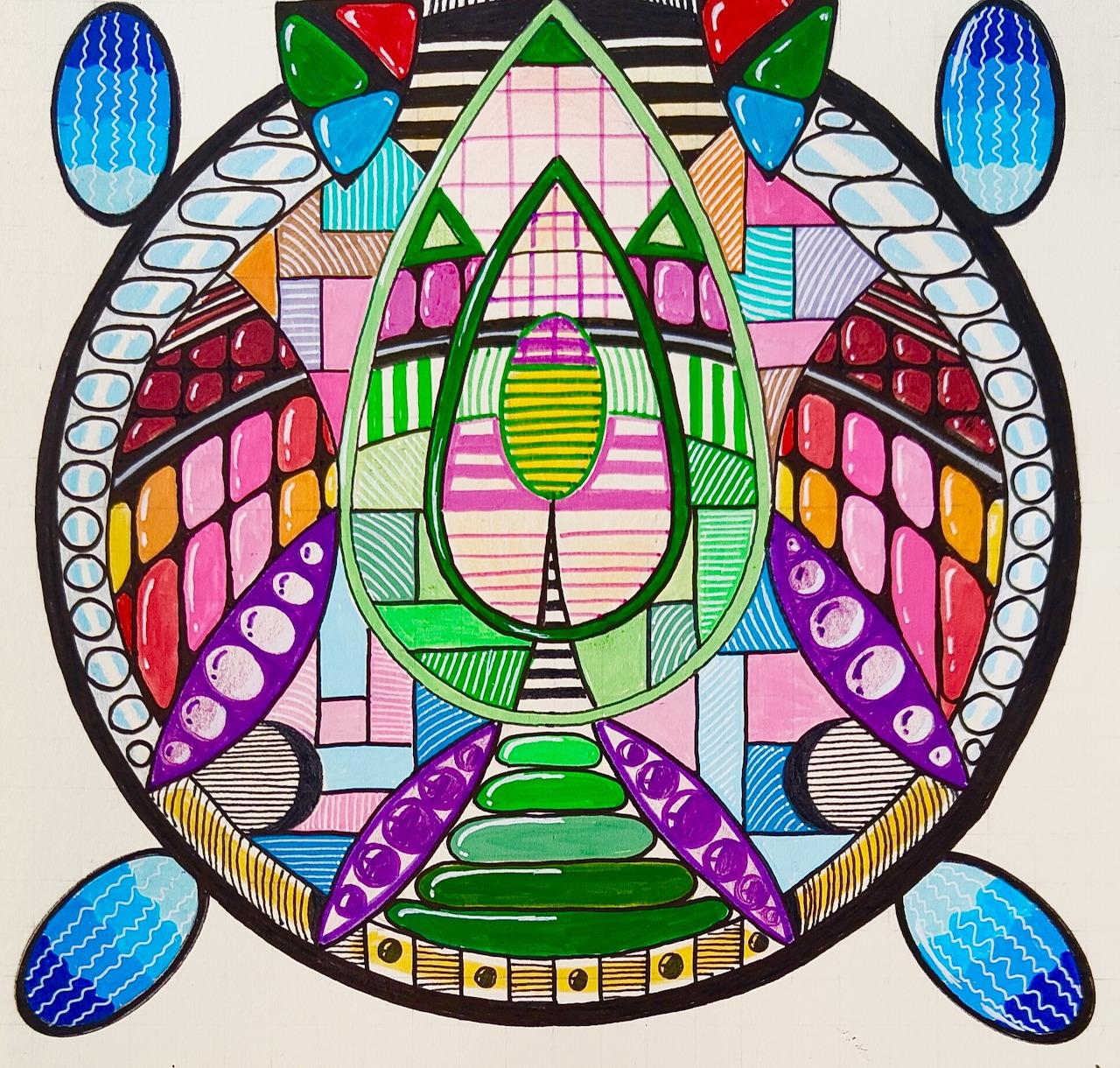 Colorful geometric mandala with symmetrical patterns, featuring pink, green, blue, and purple shapes in a circular design