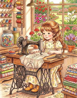 Girl with brown hair sewing at antique machine near sunny window with garden view and colorful flowers