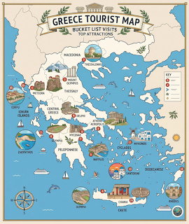 Illustrated tourist map of Greece showing islands, landmarks, and surrounding sea