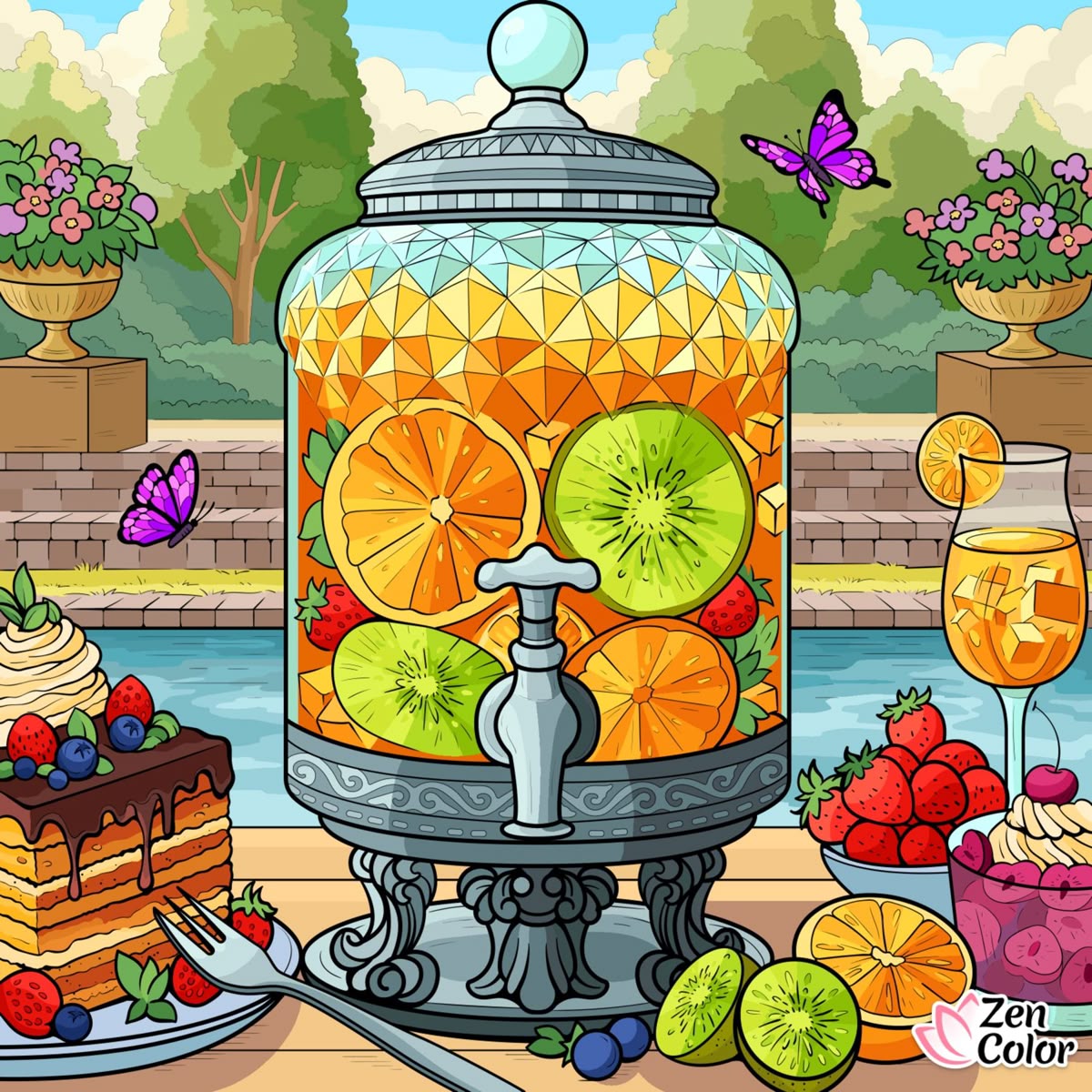 Glass beverage dispenser with orange, lemon, lime and kiwi slices, flanked by cake and strawberries on a patio table