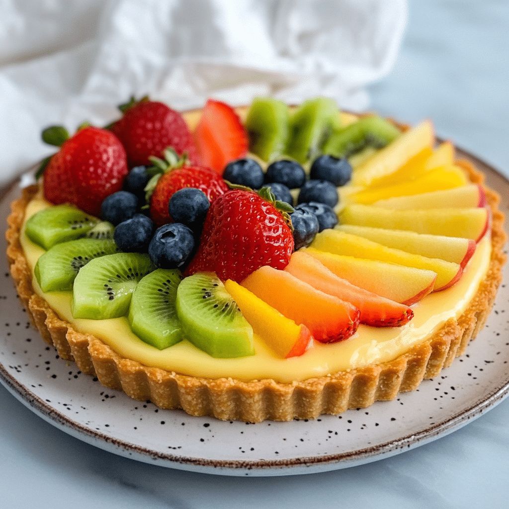 Colorful fruit tart with strawberries, kiwi, mango, blueberries and papaya on white plate