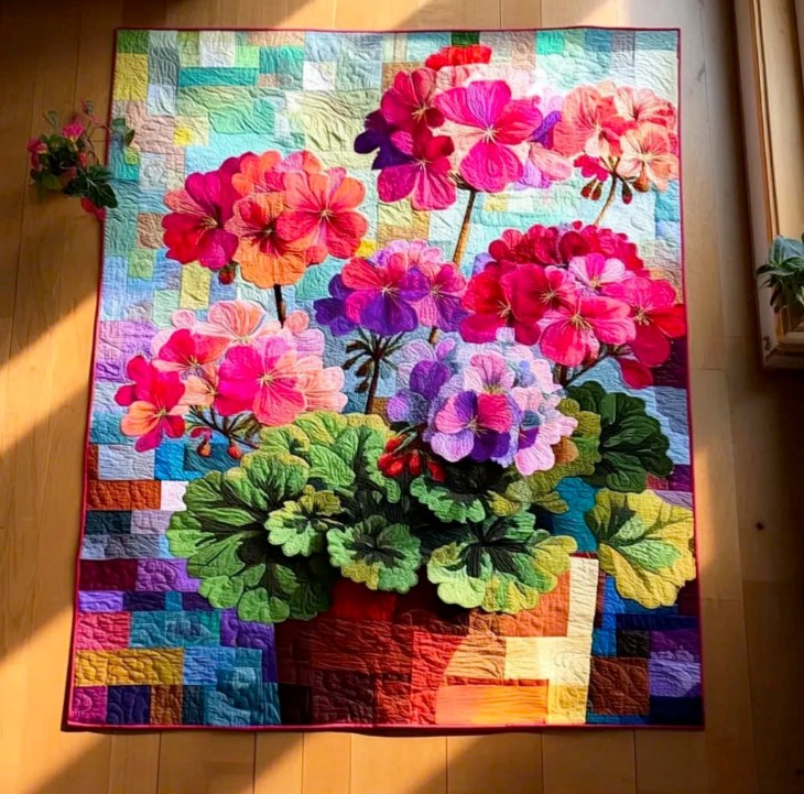 Colorful quilt showing bright pink and purple geranium flowers in a pot with patchwork square background