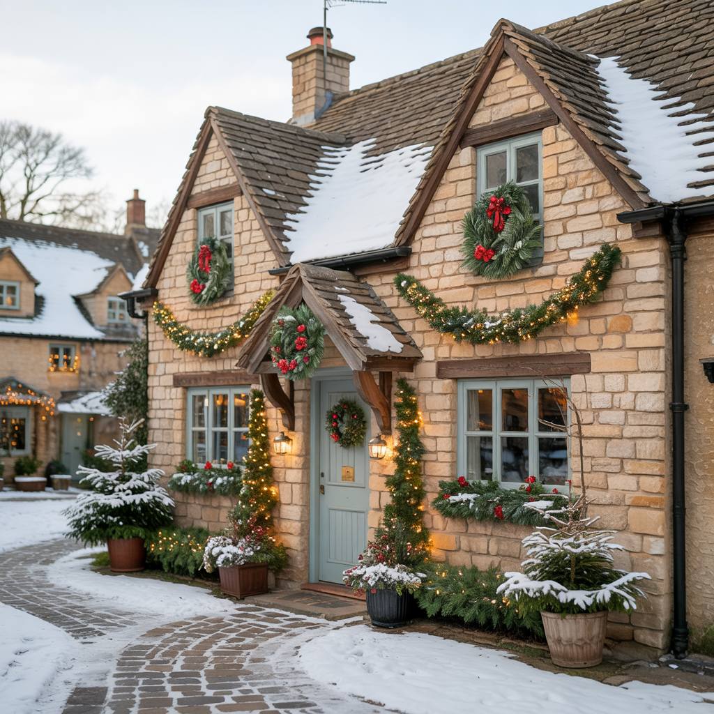 Snowy Cotswolds cottage with Christmas wreaths, garlands, and lights by a curved path