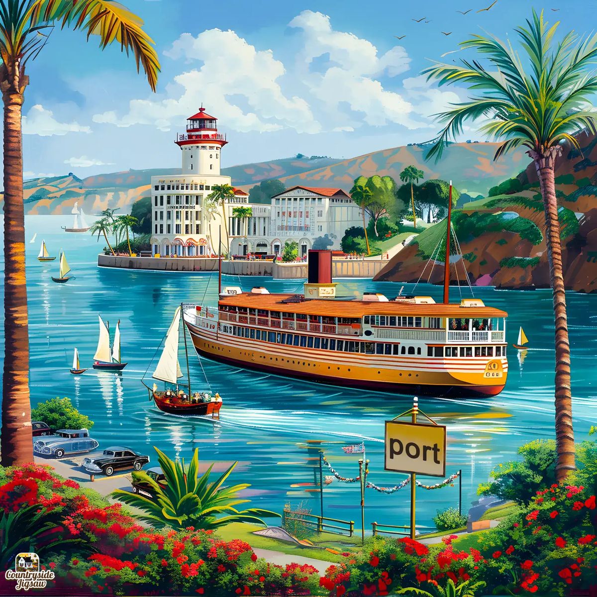 Colorful tropical harbor painting with a ferry boat, lighthouse, sailboats, palm trees, and flowers