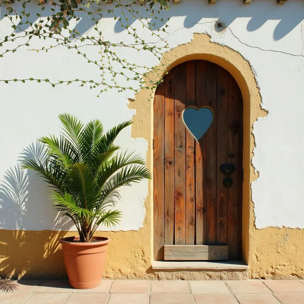 Arched wooden door with heart cutout beside potted palm on sunny terracotta patio