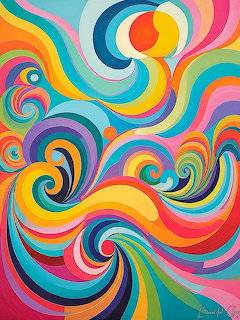 Abstract art with colorful swirling spiral patterns in rainbow hues creating a dynamic flowing composition