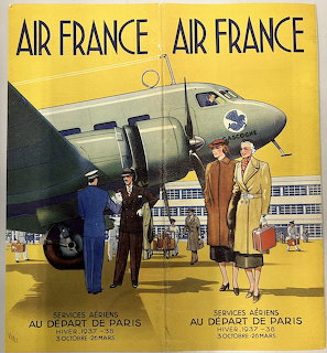 Vintage Air France poster with an airplane and well-dressed travelers on an airport tarmac