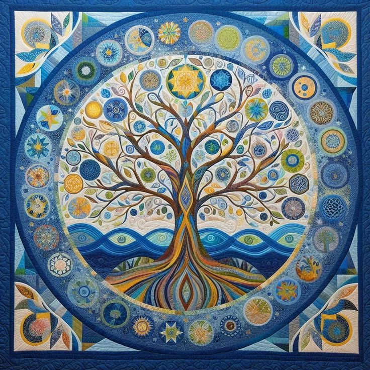 Decorative mandala with tree of life design, circular motifs, and ornate geometric border in blue and gold