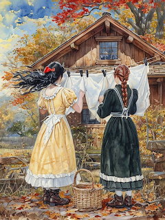 Two women in old-fashioned dresses hanging laundry on a line outside a rustic cottage in autumn