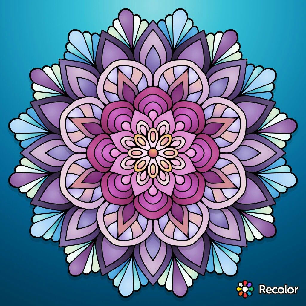Symmetrical mandala with purple, blue, and pink layered petals on turquoise background
