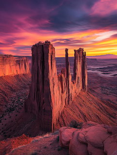 Tall red sandstone spires rising from a desert canyon at sunset with vibrant purple and orange clouds