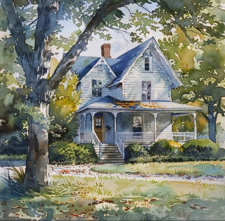 Watercolor painting of a white cottage with a porch under large trees
