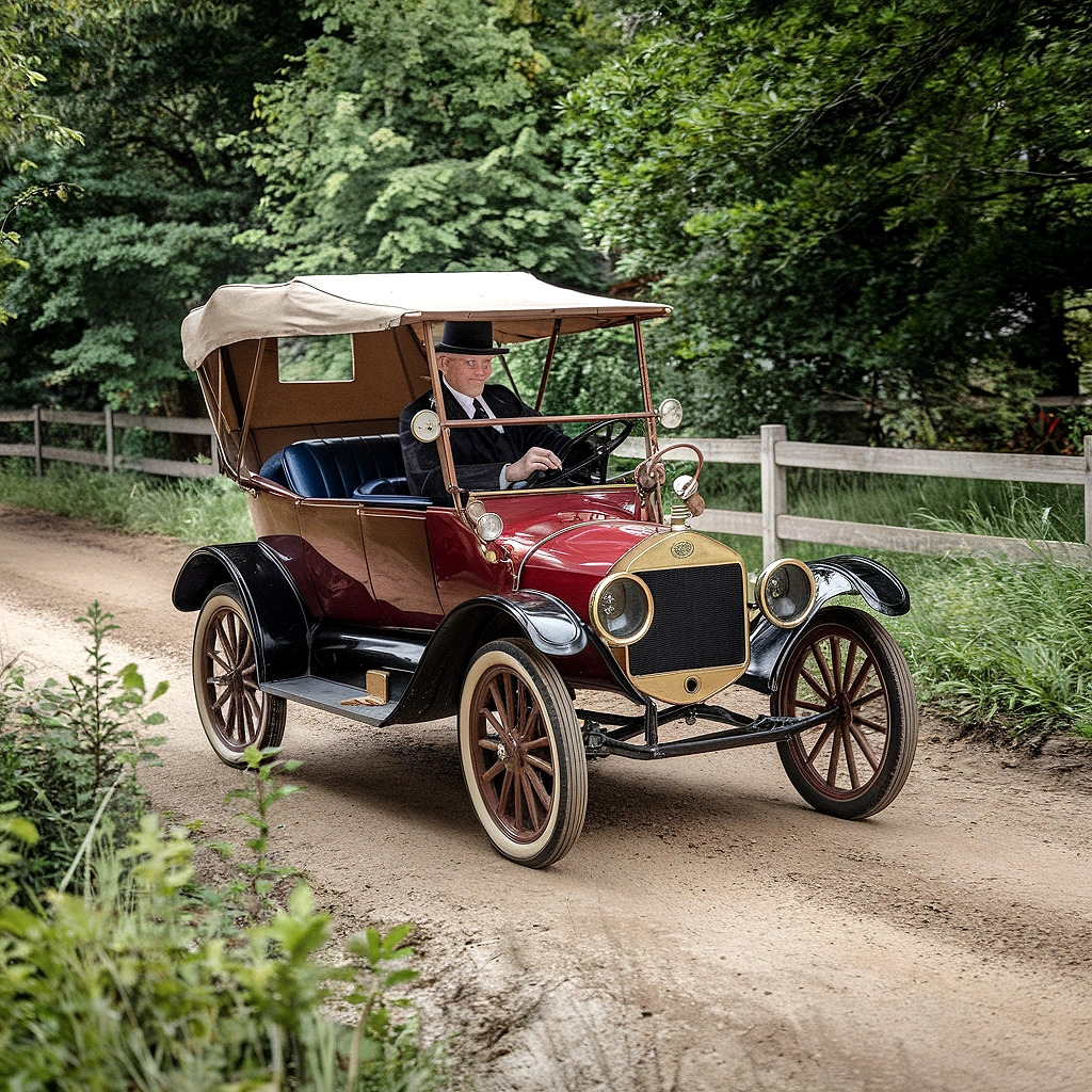 Vintage antique car on a dirt road with a driver, trees, and a wooden fence