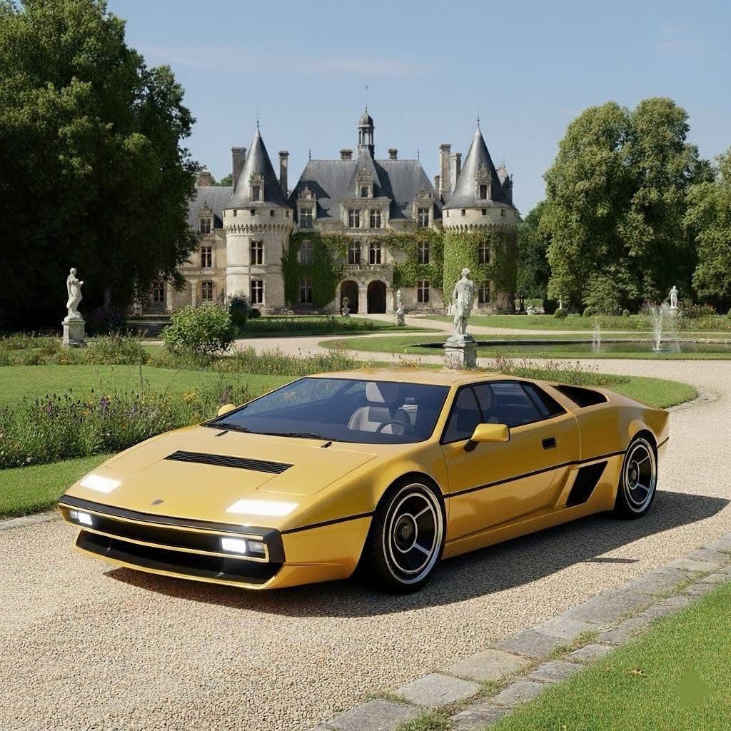 Yellow Matra Bagheera sports car on a driveway before a château and formal garden