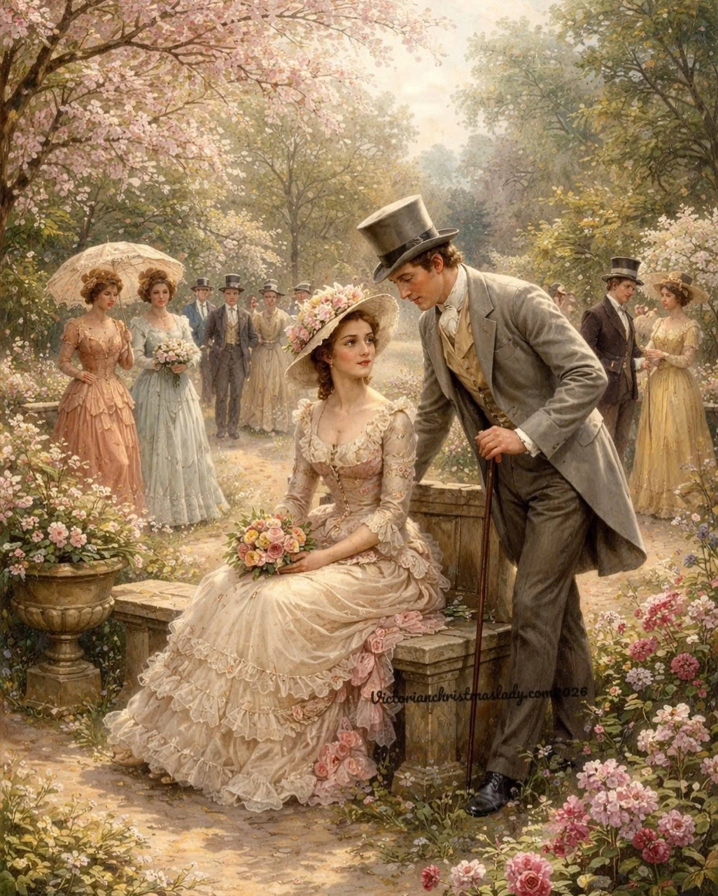 Vintage painting of couples in elegant attire walking through a blooming flower garden.