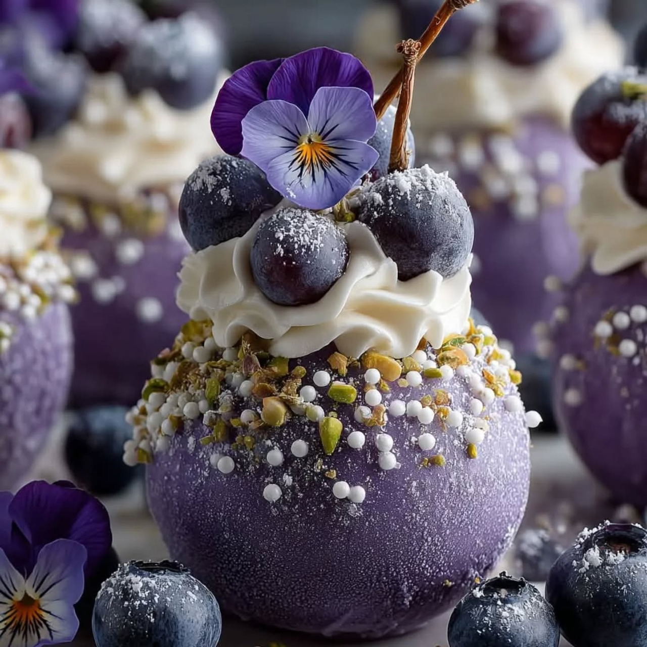 Purple dome dessert with blueberries, cream, and edible pansy flower garnish