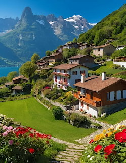 Swiss alpine village with chalets, green meadows, colorful flowers, a lake, and snow-capped mountains