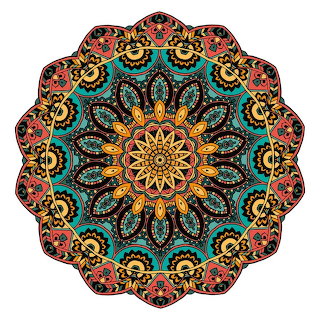 Colorful circular mandala pattern with intricate floral geometric details on a white background