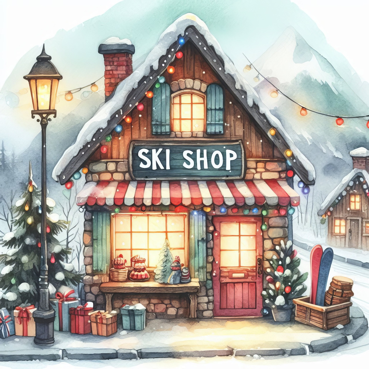 Illustrated snowy ski shop cottage with lit windows, holiday lights, gifts, and skis outside