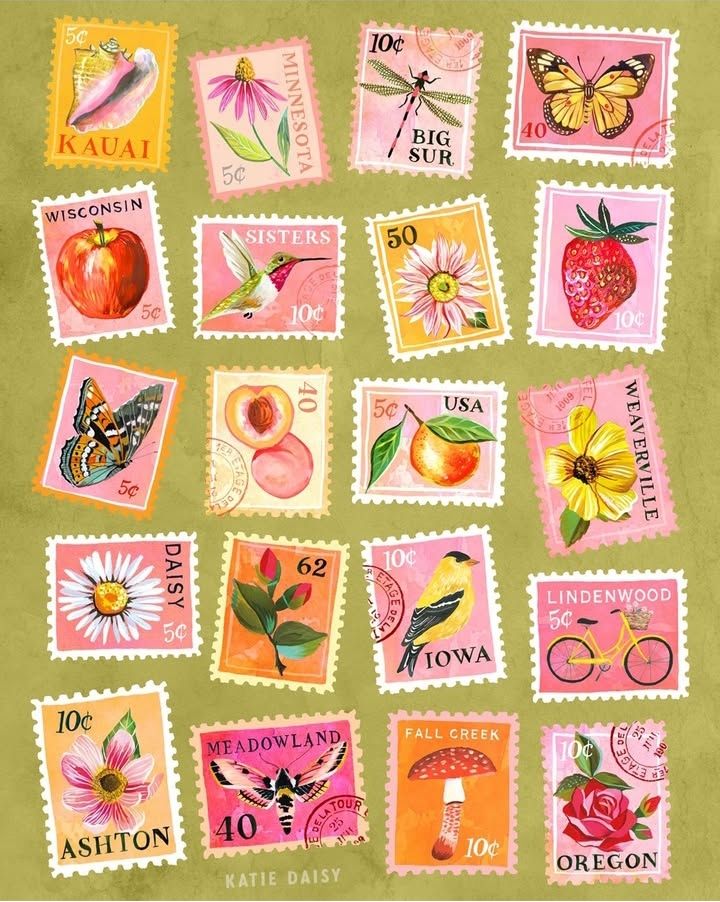Grid of illustrated vintage postage stamps with floral and nature motifs on green background