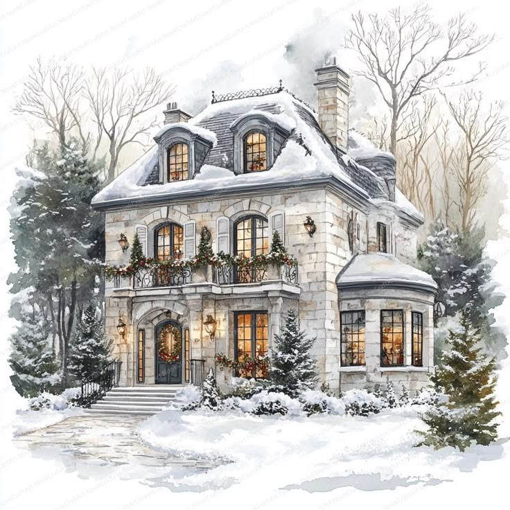 Elegant stone cottage with snow-covered roof and Christmas wreaths in winter scene with evergreen trees