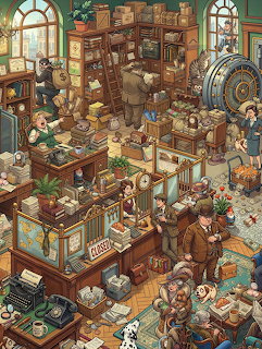 Cartoon interior of a busy antique shop packed with clocks, furniture, objects, and people