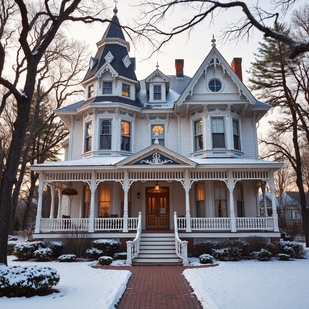 White Victorian mansion with turret and porch, lit warmly at dusk, surrounded by snow and bare trees