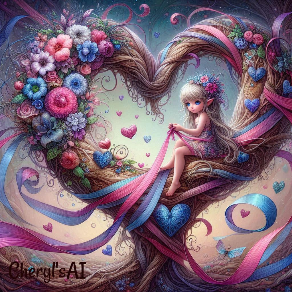 Fantasy girl with flowing ribbons, colorful flowers and hearts in swirling composition