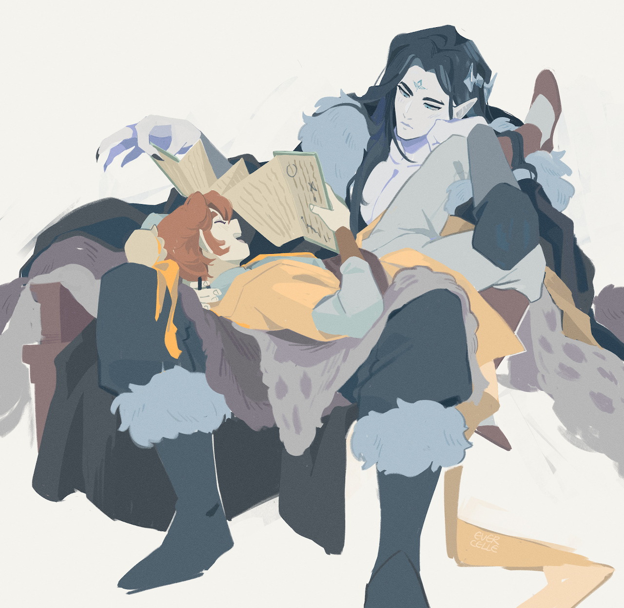 Two anime characters in traditional robes resting together, one in orange and one in dark blue with long black hair