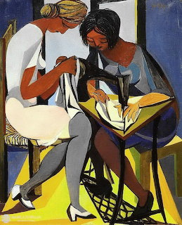 Modernist painting of two women sitting and conversing, rendered in bold geometric shapes with vibrant colors