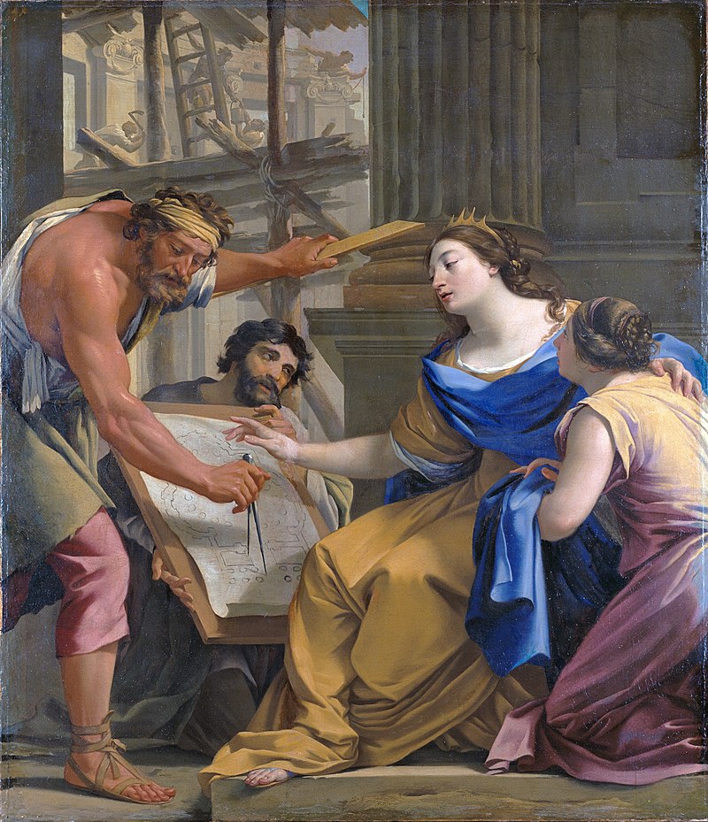 Artemisia in blue and gold oversees workers consulting building plans in a classical interior.