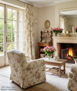 Cozy cottage living room with floral armchair, pink roses, lit fireplace, and French doors with floral curtains