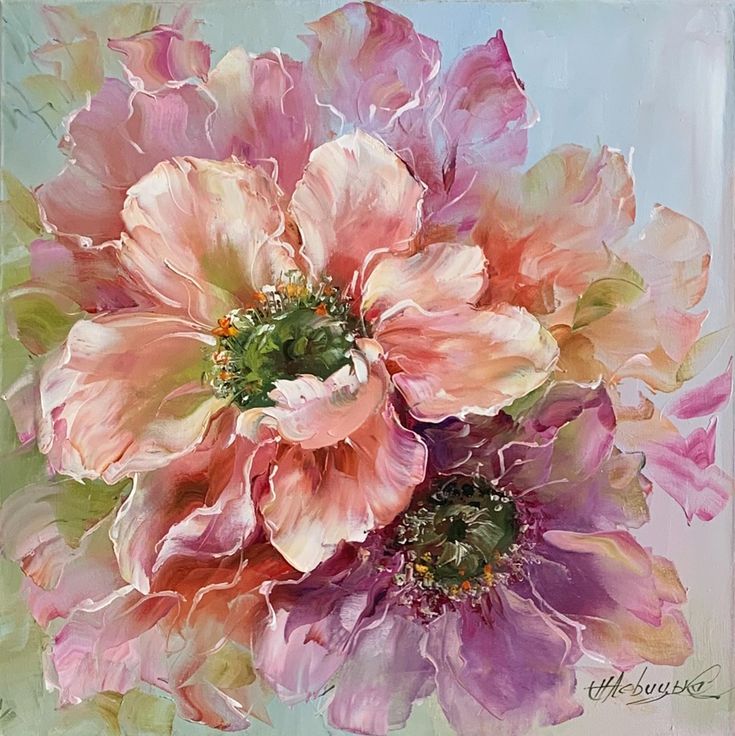 Painting of large pink and purple flowers with soft pastel petals